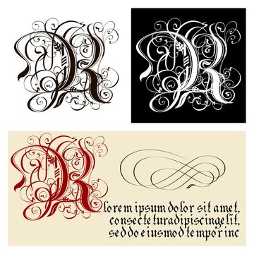 Decorative Gothic Letter R. Uncial Fraktur calligraphy.