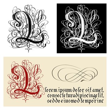 Decorative Gothic Letter L. Uncial Fraktur calligraphy.