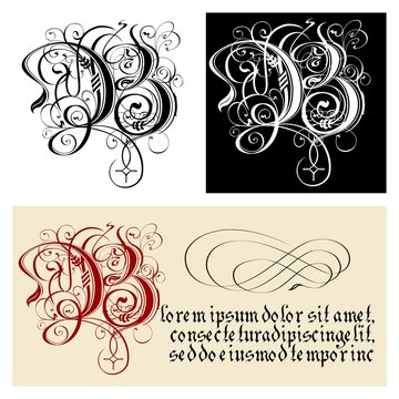 Decorative Gothic Letter B. Uncial Fraktur calligraphy.