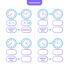 Naklejka premium Elapsed time and Telling time worksheet for kids. Understanding the clock time. Educational Game Set. Math game. 