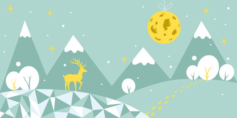 Fototapeta na wymiar Winter flat background. Holiday and New Year night, white snow, stars, mountains, trees, deer and moon in grey and yellow colors. Vector flat illustration. EPS 10