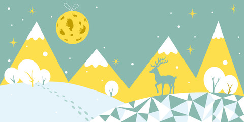 Winter flat  background. Holiday and New Year night, white snow, stars, mountains, trees, deer and moon in grey and yellow colors. Vector flat illustration. EPS 10
