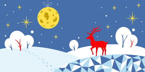 Naklejka premium Winter flat background. Holiday and New Year night, white snow, stars, trees, deer and moon in cold colors - blue and red. Vector flat illustration. EPS 10