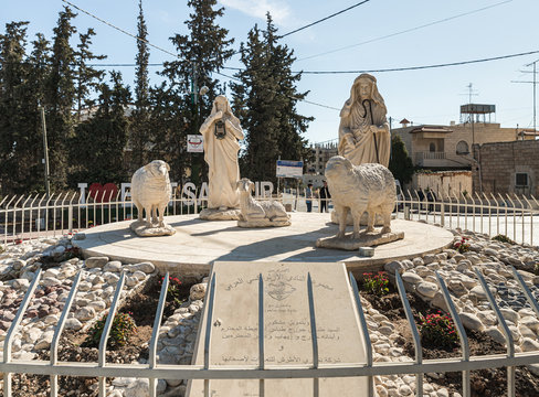 Roundabout decorated with statues of shepherds and sheep in Bayt Sahour, a suburb of Bethlehem. in Palestine