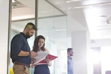 Businessman and businesswoman reviewing project in office