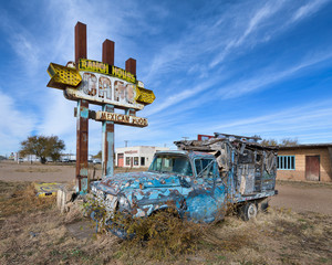Ranch House Cafe sign and old pick up truck on Route 66