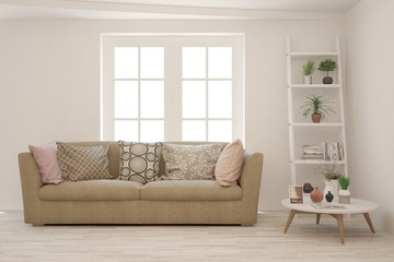 Fototapeta premium Stylish room in white color with brown sofa. Scandinavian interior design. 3D illustration