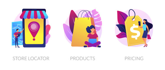 Fototapeta premium Internet shop web icons set. Goods ordering, price tag cliparts pack. Consumerism and marketing. Store locator, product, pricing metaphors. Vector isolated concept metaphor illustrations