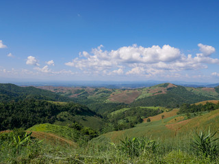 View of the sky and mountains. The mountains have been encroached upon as agricultural areas.