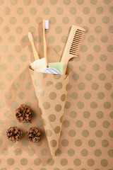 Zero waste beauty body care items. Bathroom essentials in sustainable lifestyle. Zero waste concept.