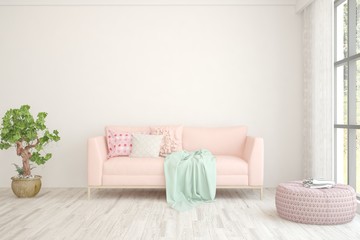 Obraz premium Stylish room in white color with sofa. Scandinavian interior design. 3D illustration