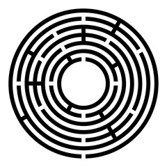 Small black circular maze. Radial labyrinth. Find a route to the centre. Print out and follow the path by a pencil or fingertip. Collection of paths from an entrance to a goal. Illustration. Vector.