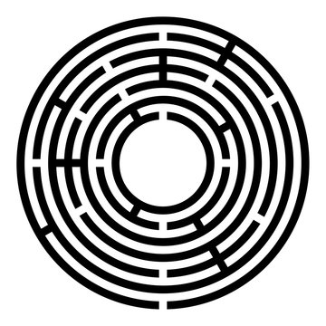 Small black circular maze. Radial labyrinth. Find a route to the centre. Print out and follow the path by a pencil or fingertip. Collection of paths from an entrance to a goal. Illustration. Vector.