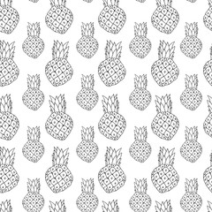 Seamless with hand drawn pineapple.  Sketch pattern with exotic fruit. Tropical outline background.