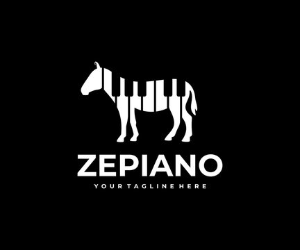 Zebra with stripes in the form of piano keys logo design. Animal with black and white stripes vector design. Abstract zebra logotype