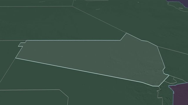 Kweneng, district with its capital, zoomed and extruded on the administrative map of Botswana in the conformal Stereographic projection. Animation 3D