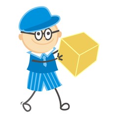 Man with parcel, vector illustration. Male at blue uniform holds packet.	