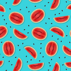 Watermelon pattern made of sliced watermelon on blue background. Flat lay, top view.