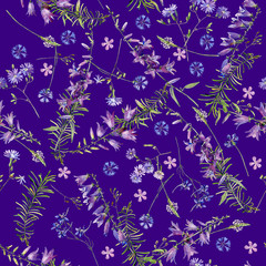 Seamless pattern of watercolor wild forest flowers
