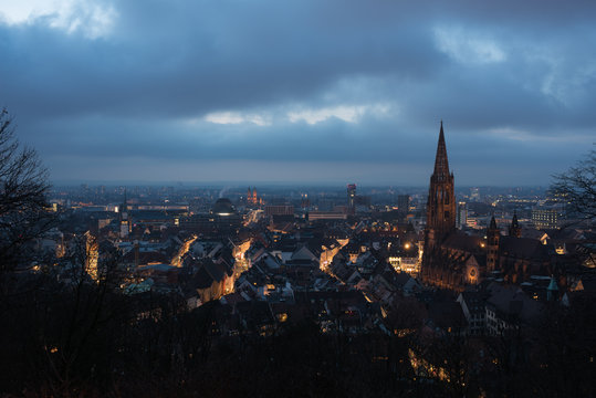 Freiburg im Breisgau germany, cityscape at night.
