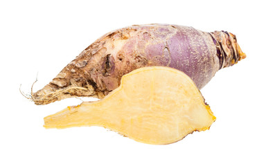 sliced and whole of fresh rutabaga root isolated