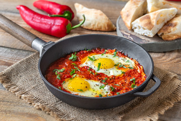 Shakshouka served in a frying pan