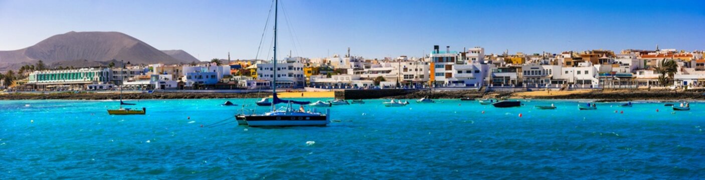 Fuerteventura island holidays. Famous Corralejo village and beach. Canary islands of Spain