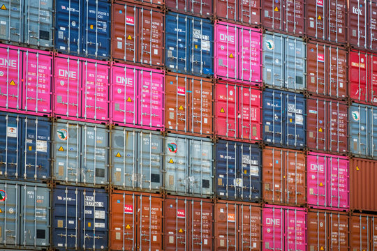 Stacked shipping container on freight harbour logistics centre in Hong Kong, November, 2019