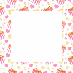 Square frame with red pink watercolor love elements: hearts,hot air balloon,gift box and candies. Hand drawn copy space template for holiday romantic design,wedding invitation,greeting card