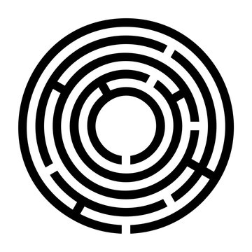 Tiny black circular maze. Radial labyrinth. Find a route to the centre. Print out and follow the path by a pencil or fingertip. Collection of paths from an entrance to a goal. Illustration. Vector.