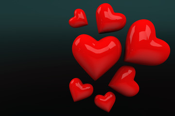 3d rendering of Valentine's Day, concept. Different sized red hearts flying on black background Mother's Day or Women's Day postcard, greeting card with copy space.