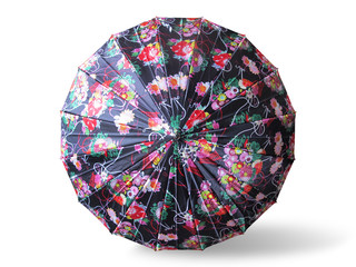 Black Umbrella with Flowers Pattern on White Background Isolated 