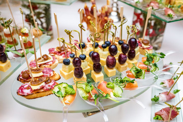 Catering. Off-site food. Buffet table with various canapes, sandwiches, hamburgers and snacks.