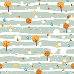 Seamless Autumn Pattern. Trees, Sun and drops of Rain. Vector Illustration