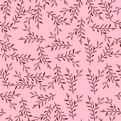 Seamless background with red and pink leaves on the branch. Endless pattern for your design.