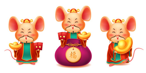 Mice with eastern moustaches or rats with asian beards. Mouses with golden ingot and red envelope, sack or bag with china hieroglyph that means Good Luck. 2020 chinese new year, CNY, holiday