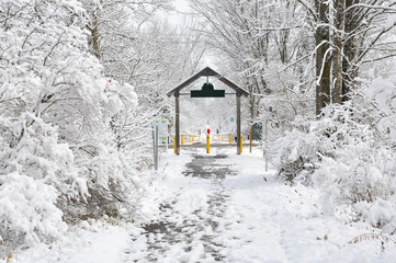 Wooden structure in snowy path