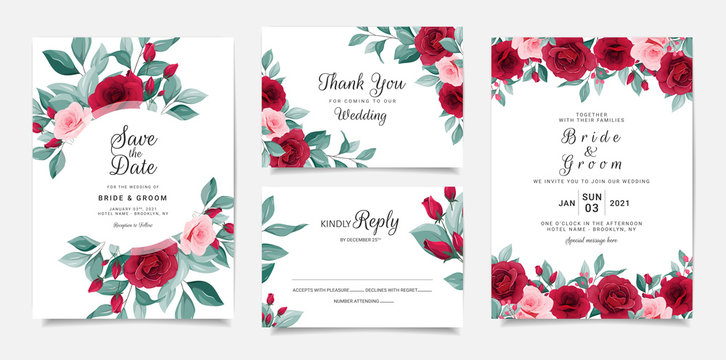 Wedding invitation card template set with flowers frame and border. Burgundy and peach roses botanic illustration for background, save the date, greeting, poster, cover vector