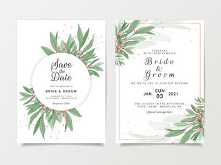 Eucalyptus wedding invitation card template set with floral frame and gold border. Wild leaves botanic illustration for background, save the date, greeting, poster, cover vector