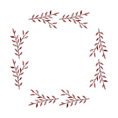 Square with horizontal red and pink leaves on a branch. Vector on white background for your design.