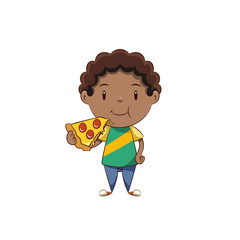 Boy eating pizza, cute kid fast food