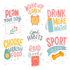 Set of good habits typographic phrases for stickers, card, poster. Healthy life style slogan. - 312552334