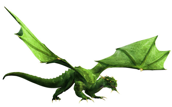 Its wings spread, a green dragon, a beast of myth and legend, glares at you menacingly. Shown in profile. 3D Rendering