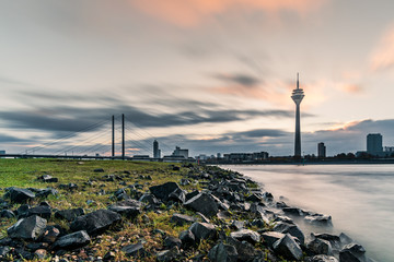 D&uuml;sseldorf, Germany skyline during sunrise at the river Rhine