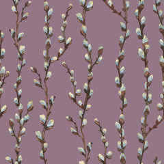 Watercolor pussy willow pattern.  Seamless pattern with willow brunch on pink background.  Hand drawn Easter background.  Floral background.  © Яніна Бондар