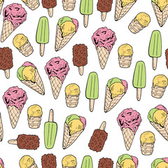 Seamless background of different types of ice cream. Endless pattern with colorful ice cream for your design.