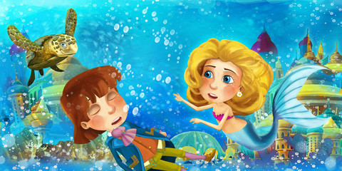 Fototapeta premium Cartoon ocean and the mermaid in underwater kingdom swimming and having fun with fishes looking on drowning man prince - illustration for children