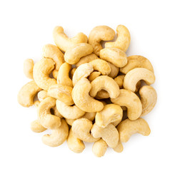 Pile of cashew nuts on a white background. Top view.