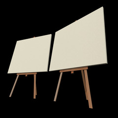 Blank wood easel with canvas. 3d render on black background.