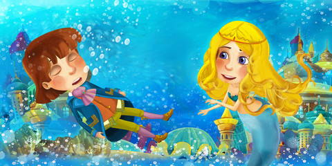 Fototapeta na wymiar Cartoon ocean and the mermaid in underwater kingdom swimming and having fun with fishes looking on drowning man prince - illustration for children